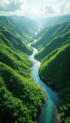 Naklejka premium Aerial view of winding turquoise river flowing through rich green mountain valley. Steep hills covered with dense trees rise on both sides. Bright sunlight illuminates clouds, water surface, creating