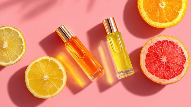 Vibrant Citrus Skincare: Essential Oil Bottles with Grapefruit, Lemon, and Orange Slices on a Pink Background 