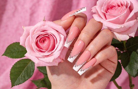 Elegant Manicure with Long Pink and White French Tip Nails Decorated with Rhinestones and Pink Roses