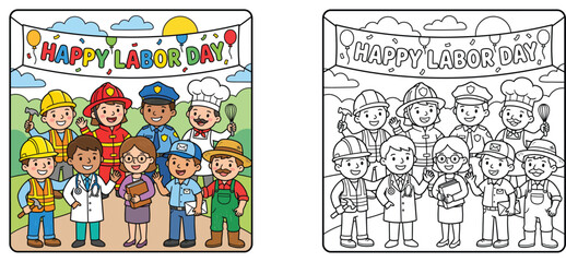 Obraz premium Happy Labor Day coloring book page template with diverse career characters, colored illustration and black and white line art vector showing various professions.