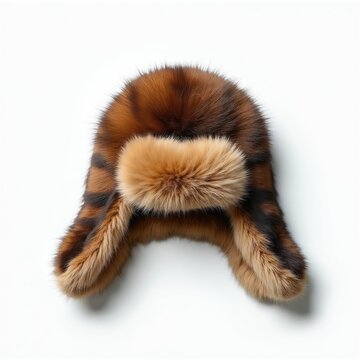 Warm brown and black fur ushanka hat with ear flaps and accent on white background. Cozy winter headwear for cold weather protection and fashion.