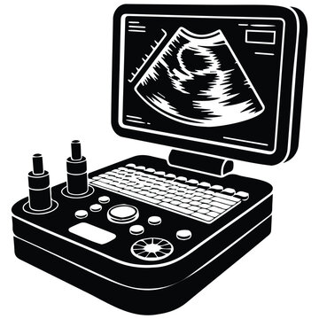 Medical ultrasound diagnostic machine black and white icon illustration.