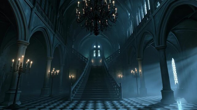 Mysterious Person Walking Through a Dark Corridor Inside a Haunted Mansion