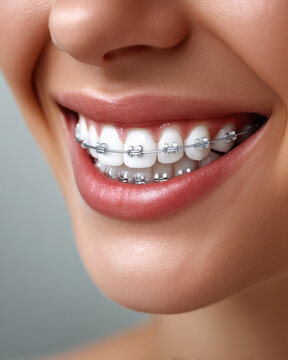 Smile dental brace tooth orthodontic mouth lip metal closeup, bright healthy grin with bracket and wire, oral care concept