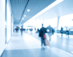 Fototapeta premium Defocused interior shot of a hallway filled with people, bathed in cool blue tones