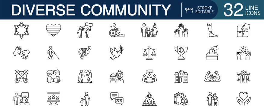 Diverse community line icon set representing inclusion, human equality, LGBTQ pride, disability accessibility, and social unity vector illustration with editable stroke.