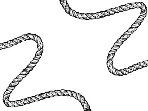 Hand-drawn nautical rope frame illustration in vintage engraving style, black and white twisted cord border on transparent background.