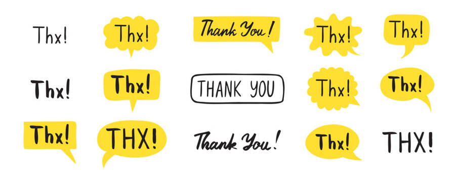 THX speech bubble yellow bright set. Thank you hand drawn quote text. Doodle thx phrase.
