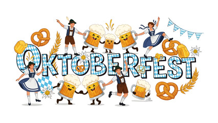 Fototapeta premium Oktoberfest Celebration Illustration: A vibrant and festive illustration depicting the spirit of Oktoberfest with dancing characters, frothy beer mugs, pretzels, and traditional Bavarian attire.