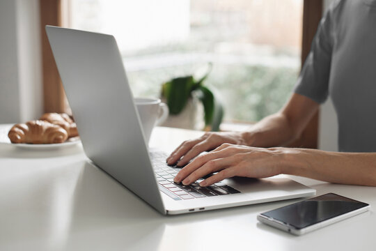 Woman hands typing on computer keyboard closeup, businesswoman or student girl using laptop, online learning, internet marketing and freelance work concept