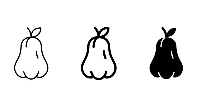 Rose Apple Icons Set, Fresh Fruit Vector Graphics, Healthy Food Illustrations, Simple Outline and Silhouette Styles