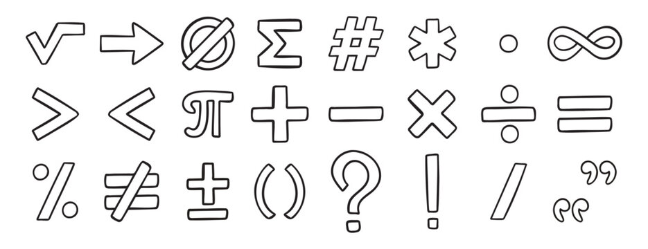 math symbols doodle hand drawn icon set. Outline drawing line clipart symbol collection