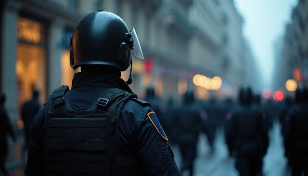 Law enforcement officer in tactical gear patrols city street with team. Police unit moves in formation during public event or protest. Officers maintain order and security on urban road.