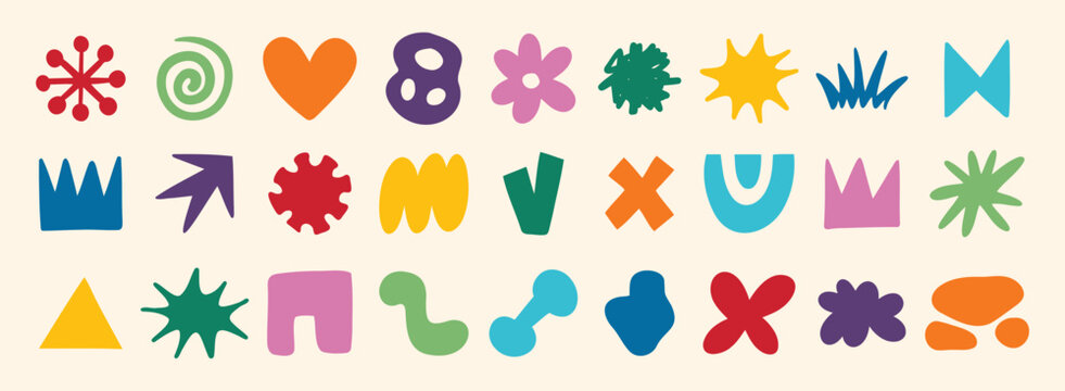 colorful organic doodle hand drawn colorful set. shapes and squiggles childish style. Abstract funny cute kids shapes elements. naive art
