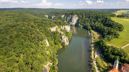 Fototapeta premium Aerial View of Weltenburger Enge Gorge on the Danube River, Bavaria, Germany