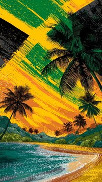 Jamaican flag black green gold colors over tropical beach with palm trees and turquoise ocean at sunset. Vibrant Caribbean landscape. Perfect for Jamaica Independence Day August 6, Caribbean culture, 