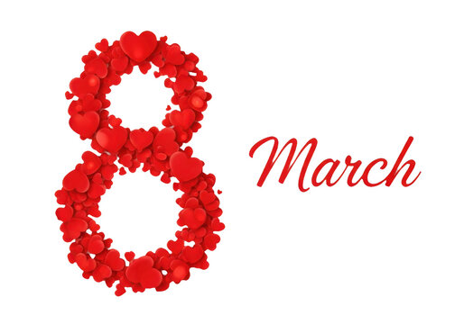 Number 8 made of red hearts with march text isolated on transparent background