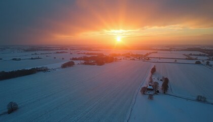 Fototapeta premium Aerial view of snow covered farmland at sunset. Bright sun rays break through clouds. Rural landscape with fields and trees under cold winter sky. Peaceful countryside panorama.