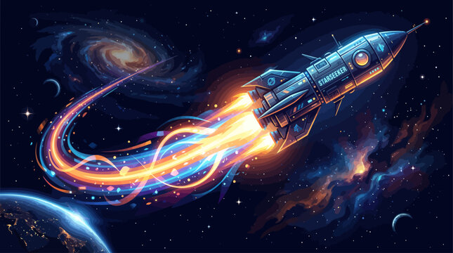A rocket blasts off into the galaxy with flames and stars