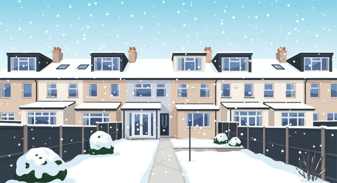 Flat vector illustration of the rear view of a row of suburban terraced houses in winter with falling snow, featuring garden fences, attic dormer windows, and snow-covered backyards.