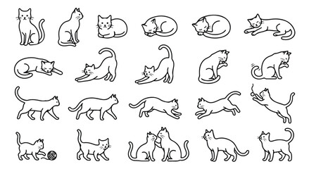 Minimalist cat line art icons, set of 22 feline character poses in thin stroke vector style, cute kitten silhouettes for pet branding and web design © usman