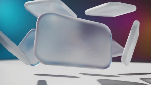 Abstract amorphous translucent shapes floating and interacting with soft colorful light, motion graphics background