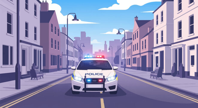 Flat vector illustration of a white police patrol car with flashing blue and red emergency lights driving on an urban street lined with multi-story buildings and street lamps.