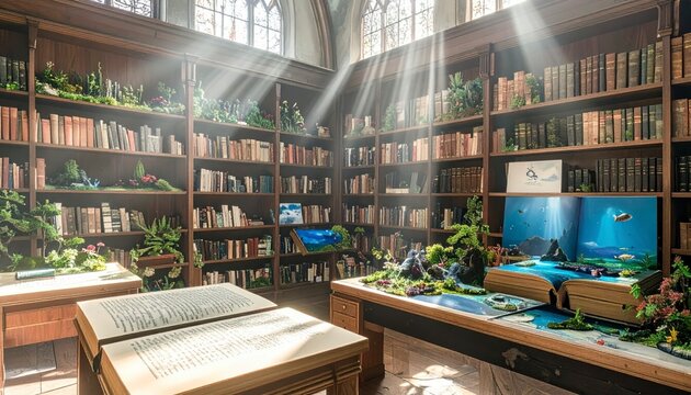 Enchanted vintage library featuring wooden bookshelves filled with old books whose open pages magically transform into miniature lush landscapes, captured in a scenic cinematic widescreen banner.