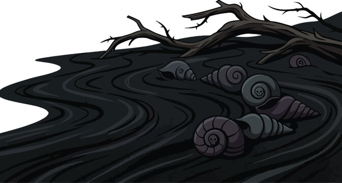 Sea shells rest on a dark rippling liquid surface beneath a gnarled dead branch in a stylized artwork.