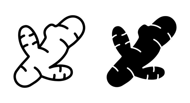 Ginger Root Icon Set: Black and White Outline & Silhouette Vector Graphics for Healthy Food and Spice Concepts