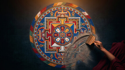 Naklejka premium Monk Creating Sand Mandala