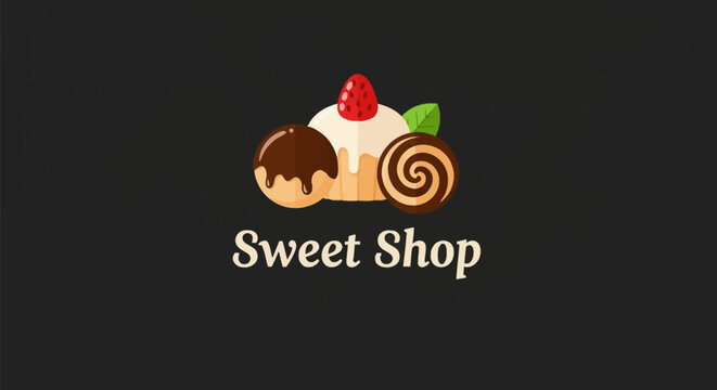 Vector logo for a Sweet Shop featuring a vanilla cupcake with a strawberry, a chocolate glazed cake ball, and a cocoa swirl cookie isolated on a dark background with serif typography.