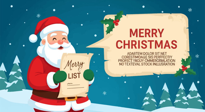 Illustration of Santa Claus holding a paper scroll with Merry List text and a large speech bubble containing Merry Christmas greetings in a snowy winter night landscape.