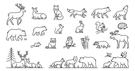 Minimalist forest animal icons set, black line art woodland wildlife collection, 24 vector illustrations of deer, bear, fox and owl for nature branding © usman