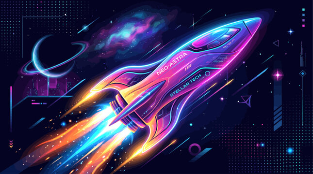 A vibrant illustration of a rocket logo soaring through space with neon lights.