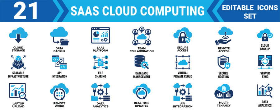 Saas cloud computing solid icon set 21 editable vector illustration mega pack