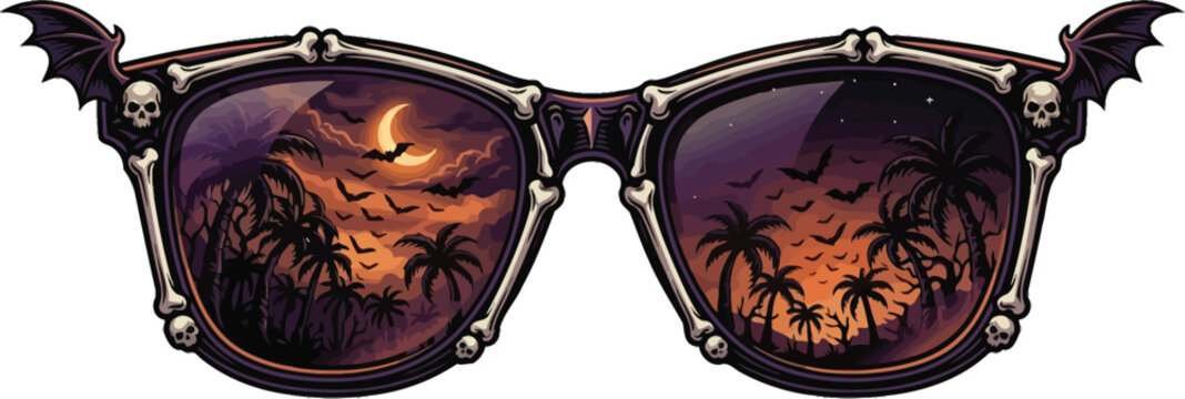 Sunglasses crafted with bone frames and bat wings reflect a spooky tropical sunset in their lenses.