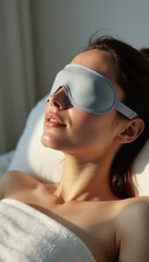 Naklejka premium Woman wears cooling eye mask for relaxation and skincare. She rests peacefully on soft pillow, enveloped in calm. Gentle sunlight bathes her face, creating serene mood.