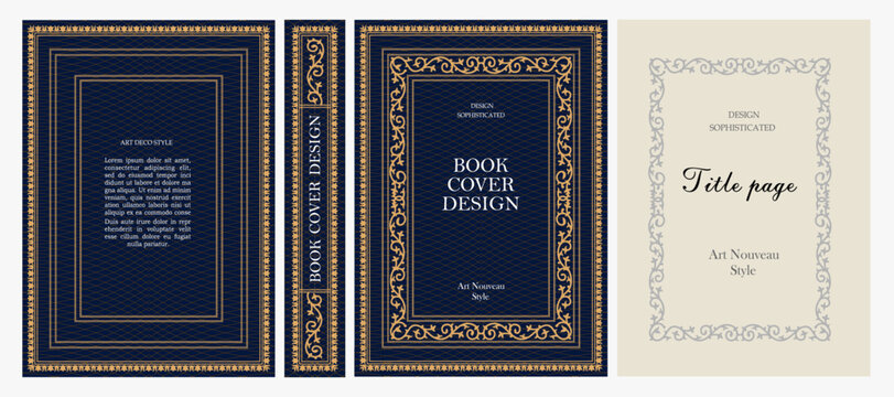 Classic vintage book cover, title page, spine design with Art Deco, Baroque, Art Nouveau and Victorian ornaments. Elegant decorative frame, retro style for publications, posters and artistic layouts.