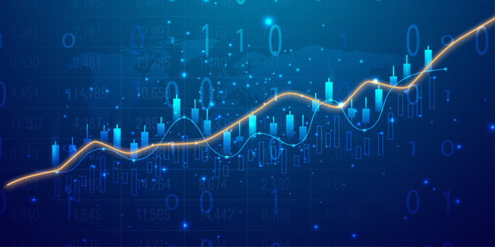 Financial trend analysis with glowing orange line graph and candlestick bars over world map.