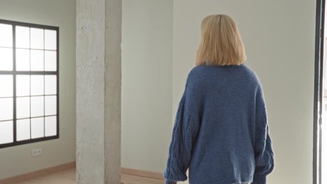 Woman standing back turned beside tall grid window wearing blue sweater and jeans in empty studio; quiet contemplation.