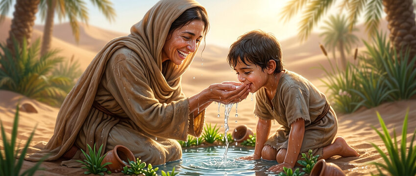 A heartwarming, detailed digital painting of Hagar joyfully scooping up clear water with her cupped hands, bringing it to the lips of a relieved young Ishmael