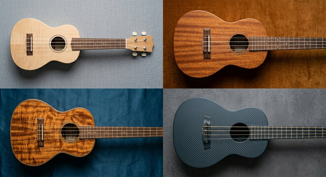 An abstract view of four ukuleles: different sizes (soprano, concert, tenor, baritone) and materials (maple, mahogany, koa, composite) are arranged in a rhythmic, geometric grid pattern