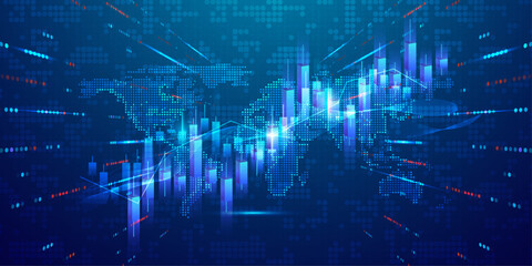Global stock market or financial technology with world map network background and business bar chart. © Nahin