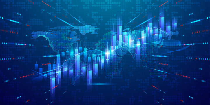 Global stock market or financial technology with world map network background and business bar chart.