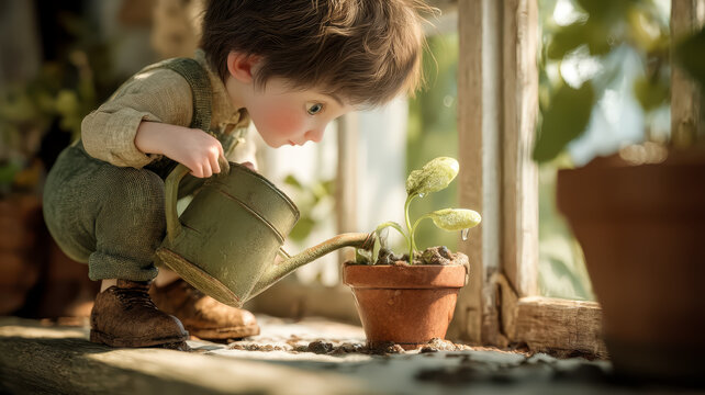 A child watering a small sunflower seedling in a terracotta pot on a windowsill.