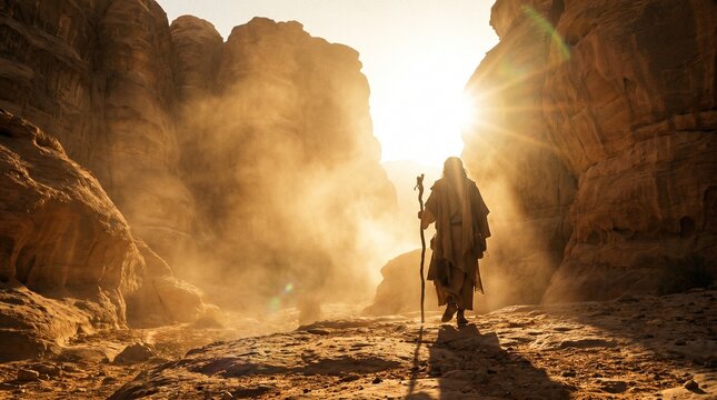 Biblical prophet or Jesus Christ with a staff walking through a dusty desert canyon towards bright divine sunrays, exodus and spiritual journey concept.