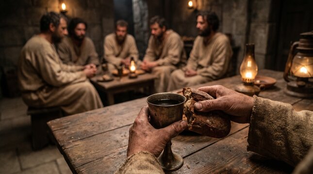 Hands holding a silver chalice of wine and breaking bread at the Last Supper with disciples in a rustic stone room, Eucharist and Holy Communion biblical concept.
