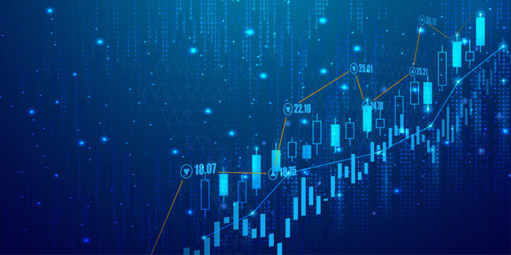 Abstract financial trading charts with glowing data points and blue digital background.