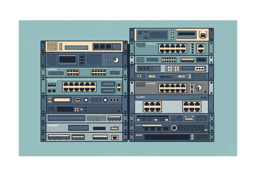 Vector illustration of a stack of old network switches and routers in a rack mount configuration. Features multiple ethernet ports, ventilation grilles, and server hardware components.
